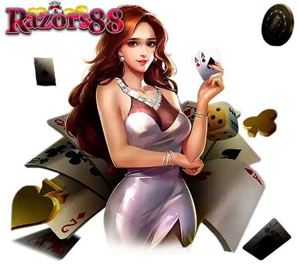 ดีลเลอร์สาวสวยถือไพ่เอซและอุปกรณ์คาสิโนออนไลน์ RAZORS88