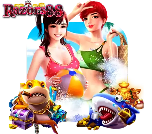 กราฟิกเกมยิงปลาและสล็อตธีมทะเล มีรูปนางแบบชุดว่ายน้ำ ฉลาม และหีบสมบัติทองคำ